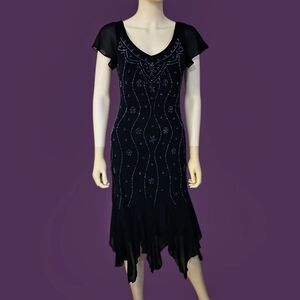 Vtg METAPHOR 1990s Navy Blue Beaded Assymetric Fishtail Chiffon Evening Dress